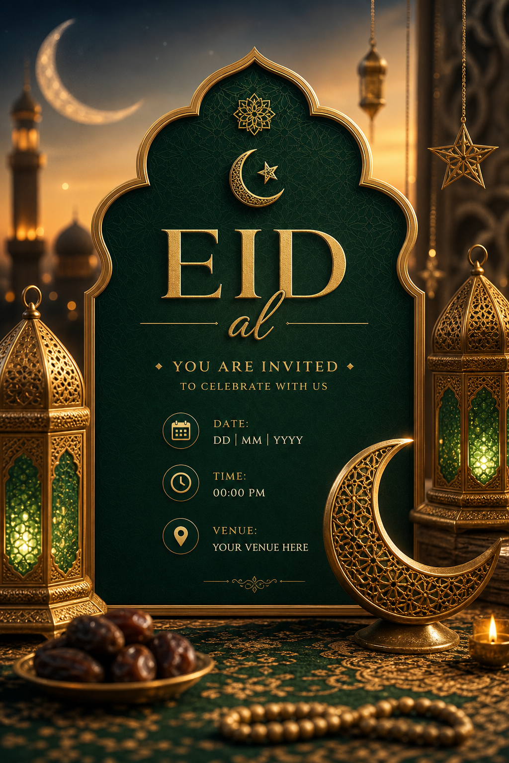 EID al — photo-realistic style invitation card, featuring crescent moon, lanterns, gold and green palette, Islamic geometric patterns, festive ornaments
