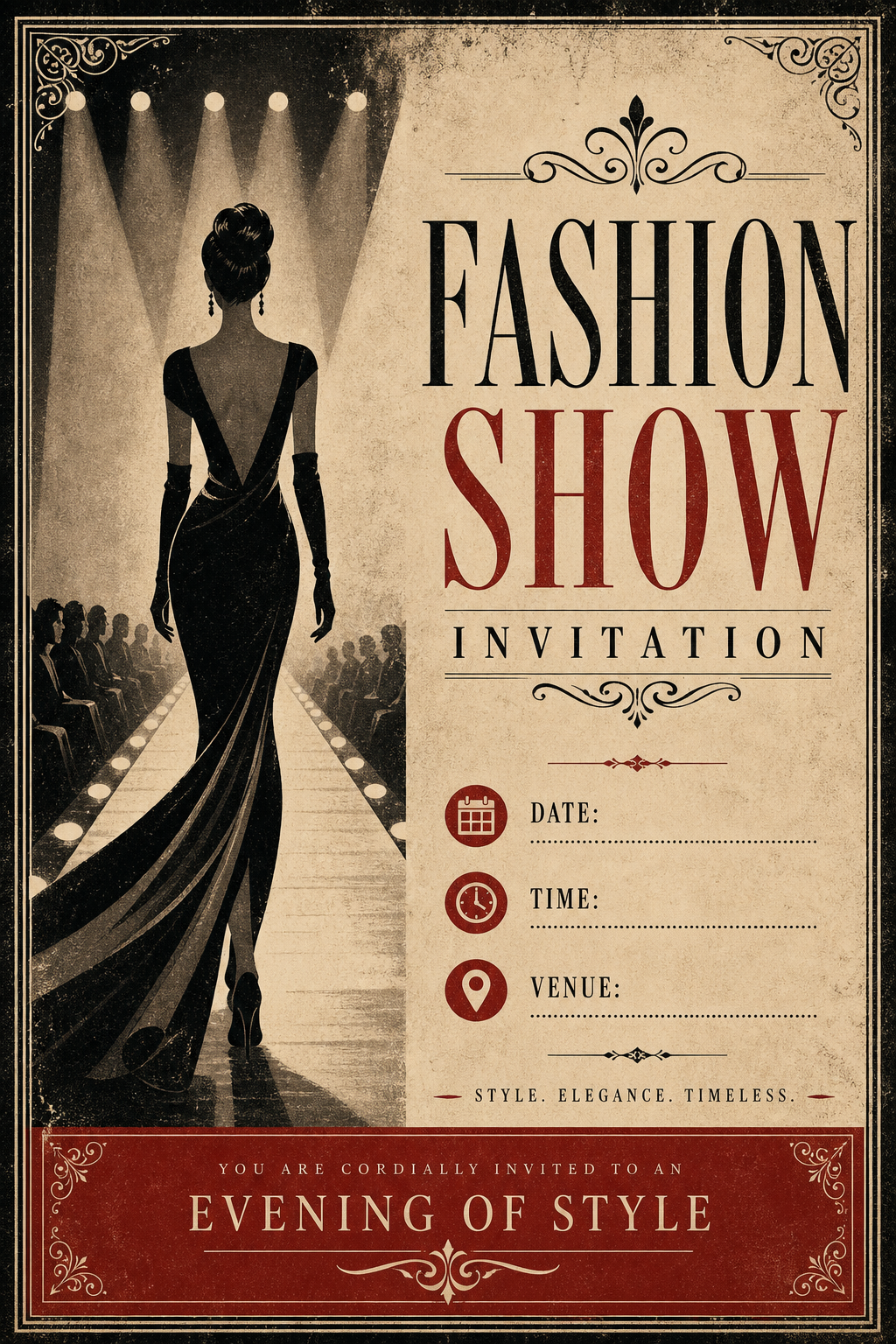 Fashion Show Invitation — vintage style invitation card, featuring model silhouette, runway, minimal modern aesthetic, monochrome with bold accent