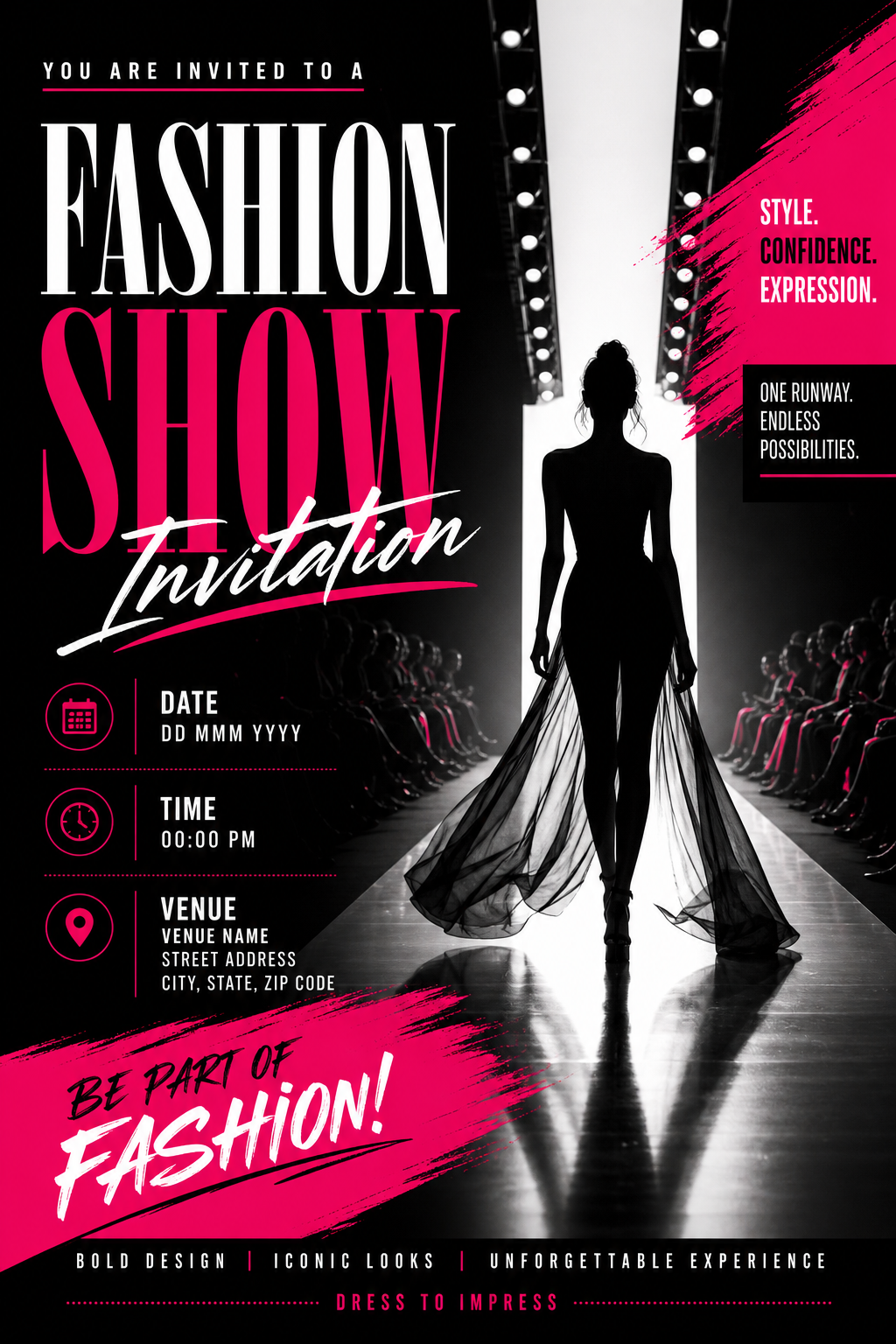 Fashion Show Invitation — vibrant style invitation card, featuring model silhouette, runway, minimal modern aesthetic, monochrome with bold accent