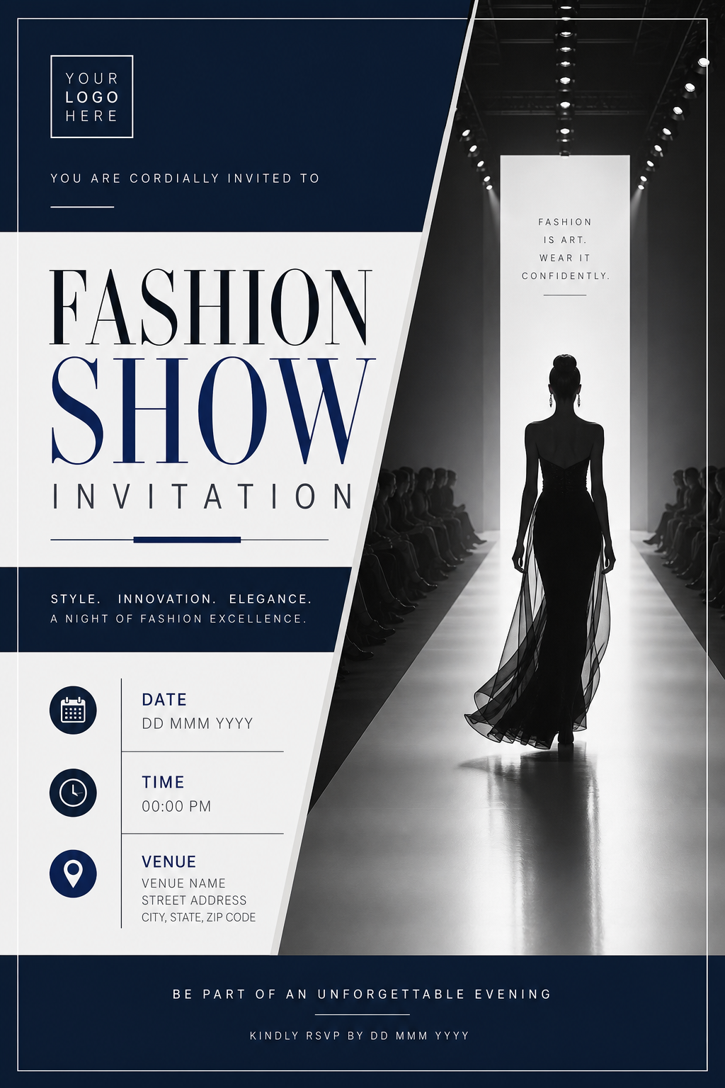 Fashion Show Invitation — corporate style invitation card, featuring model silhouette, runway, minimal modern aesthetic, monochrome with bold accent