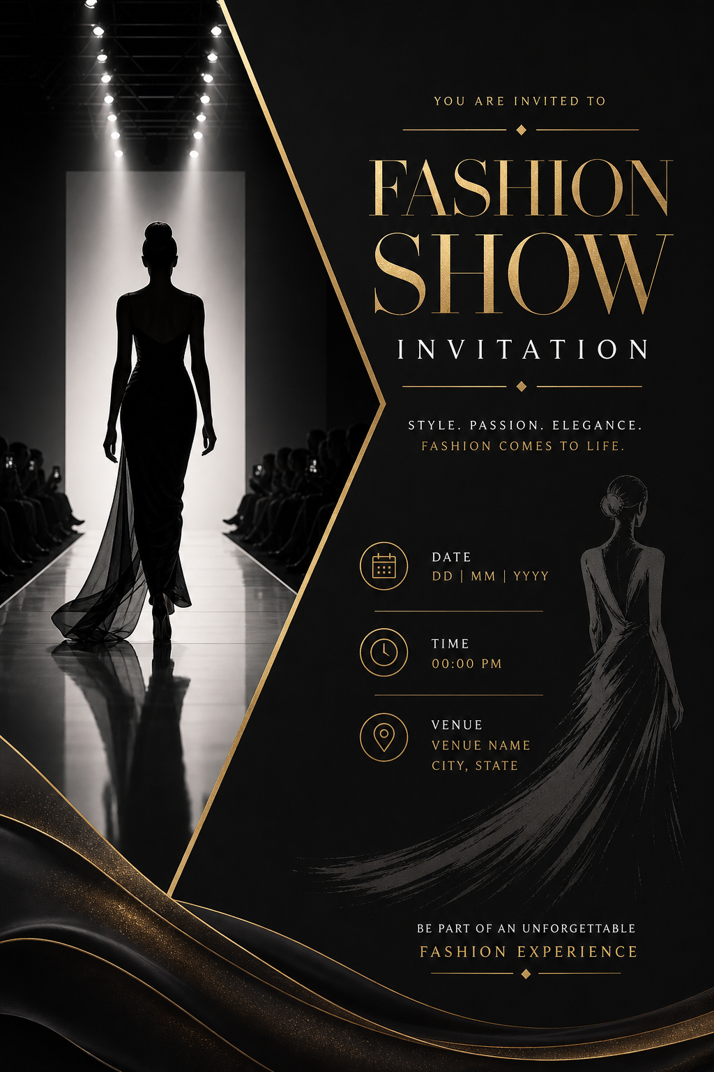 Fashion Show Invitation — elegant style invitation card, featuring model silhouette, runway, minimal modern aesthetic, monochrome with bold accent