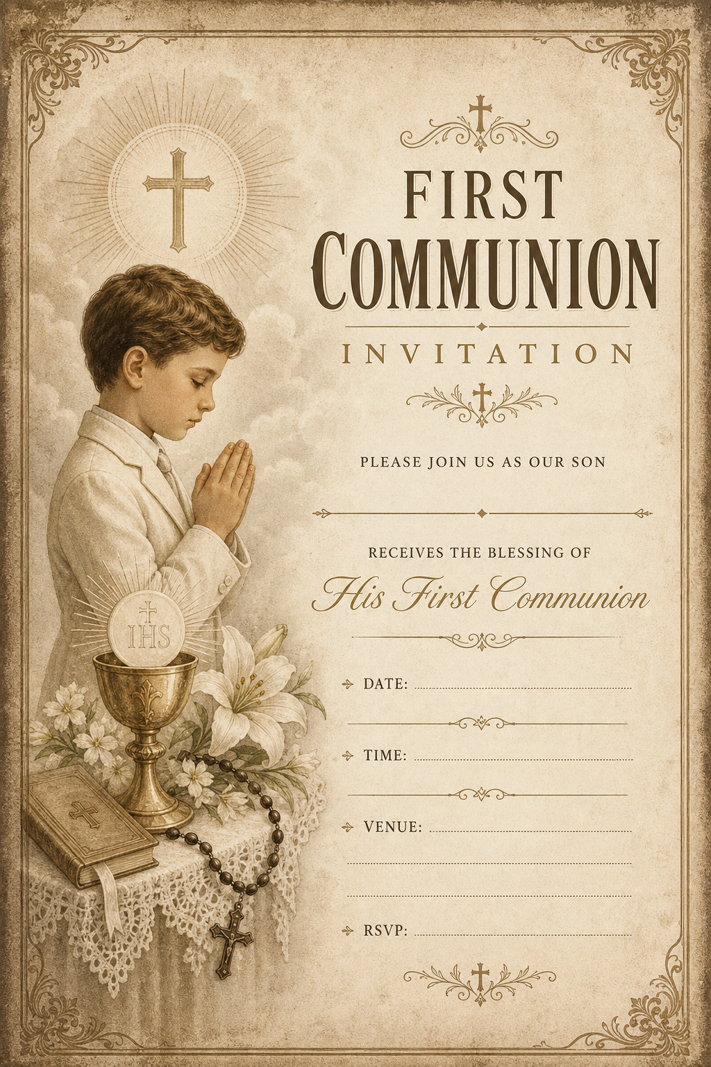 First Communion Invitation — vintage style invitation card