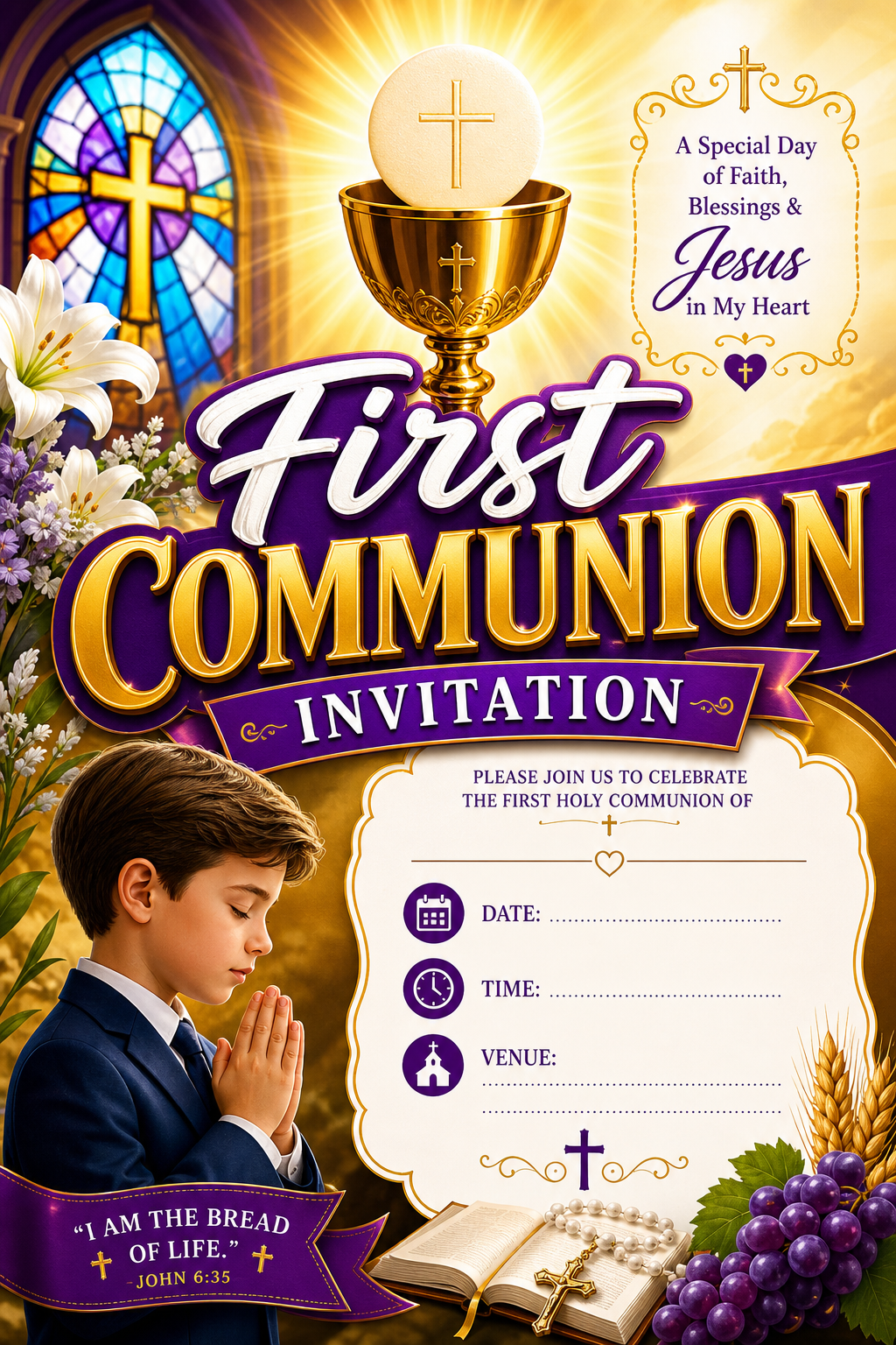 First Communion Invitation — vibrant style invitation card