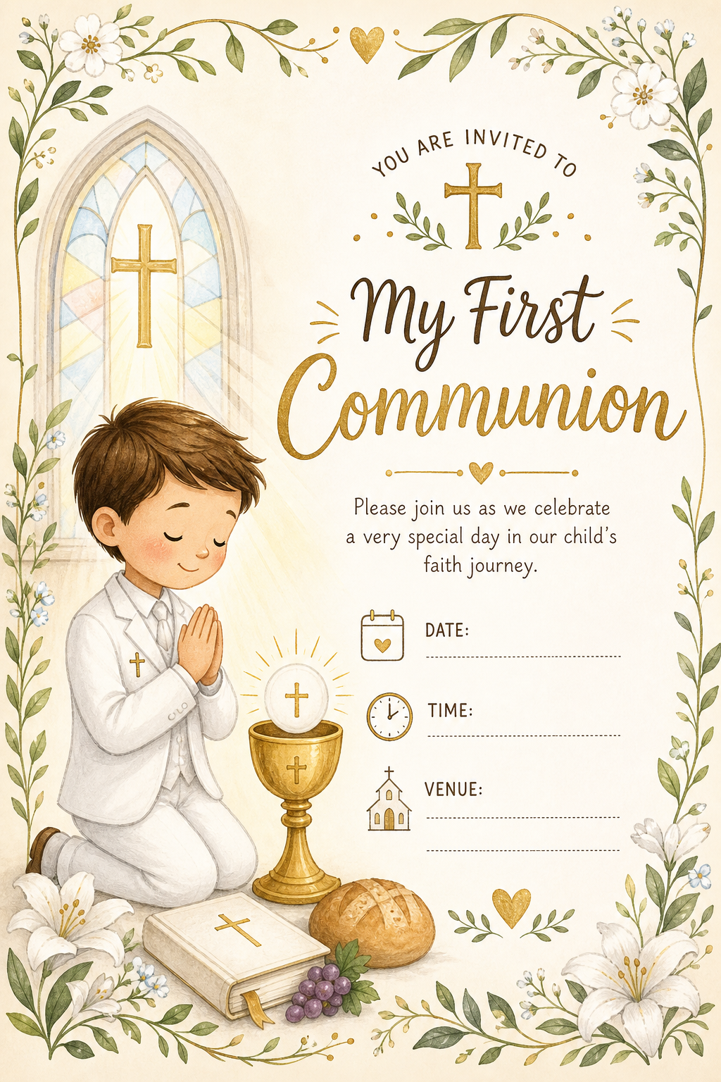 First Communion Invitation — illustration style invitation card
