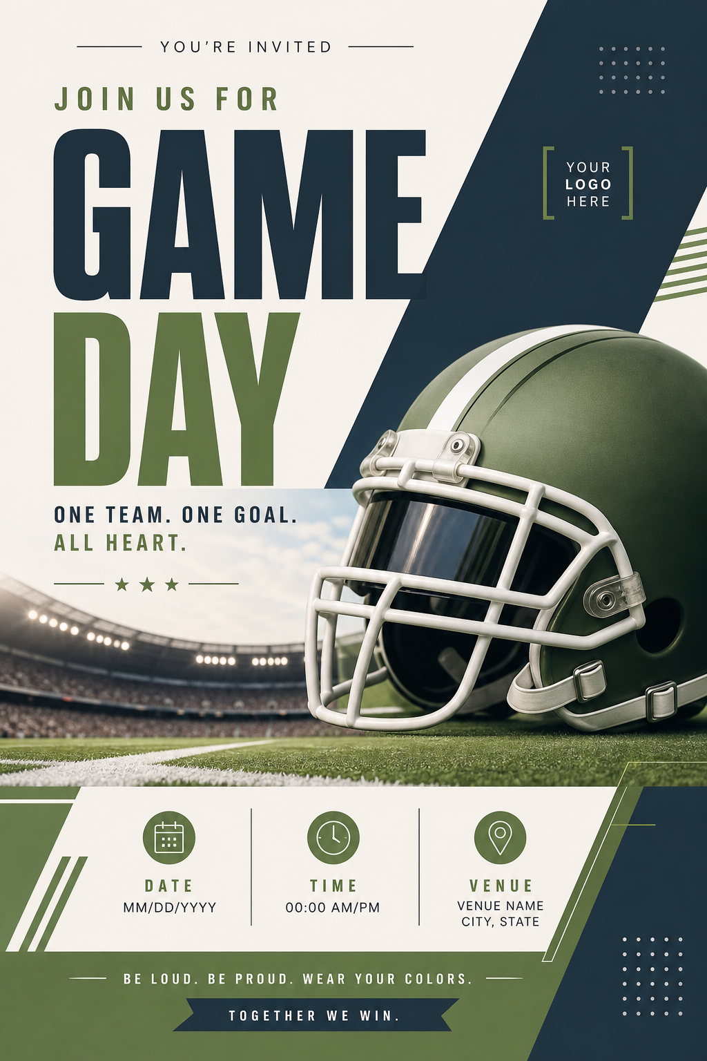 Football Poster — modern style invitation card, featuring football, helmet, stadium, green field, team colors