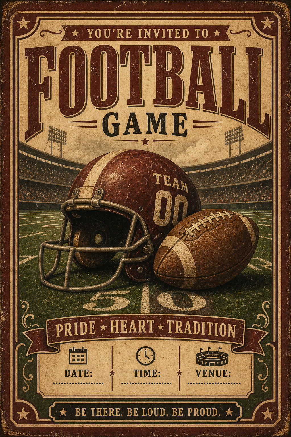 Football Poster — vintage style invitation card, featuring football, helmet, stadium, green field, team colors