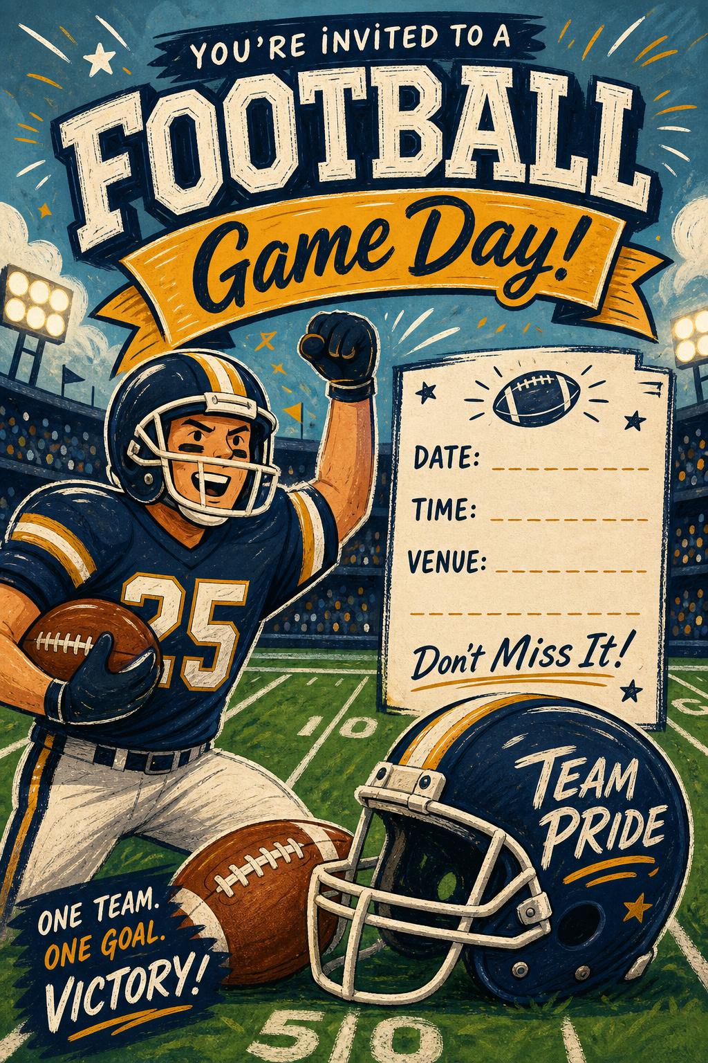 Football Poster — illustration style invitation card, featuring football, helmet, stadium, green field, team colors
