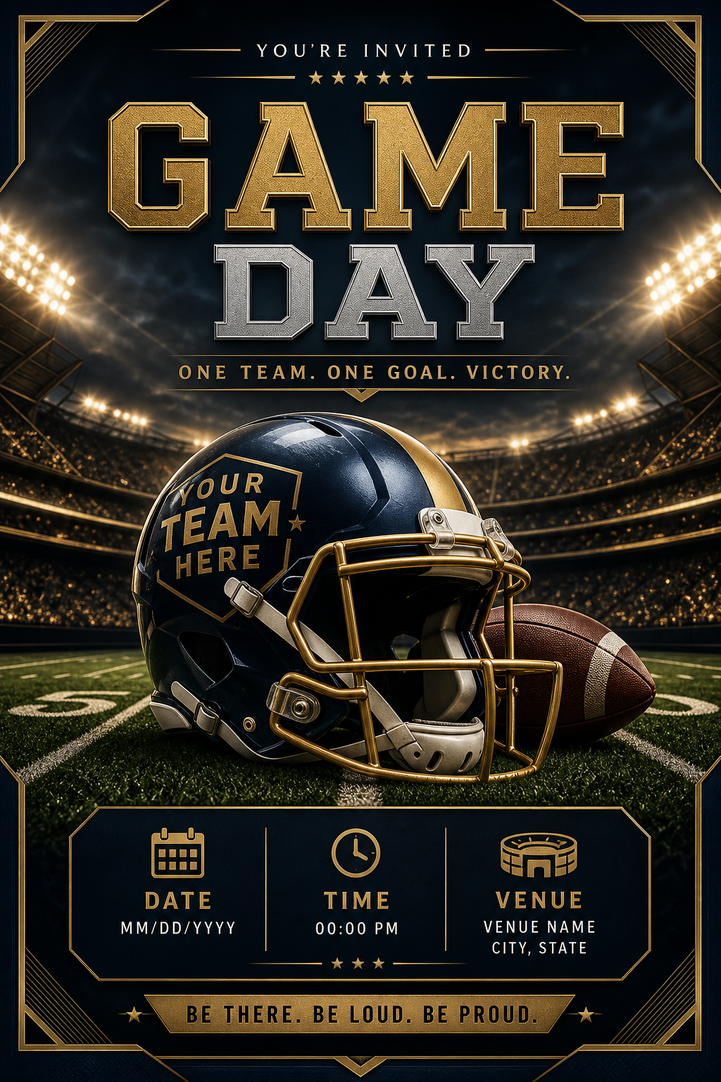 Football Poster — elegant style invitation card, featuring football, helmet, stadium, green field, team colors