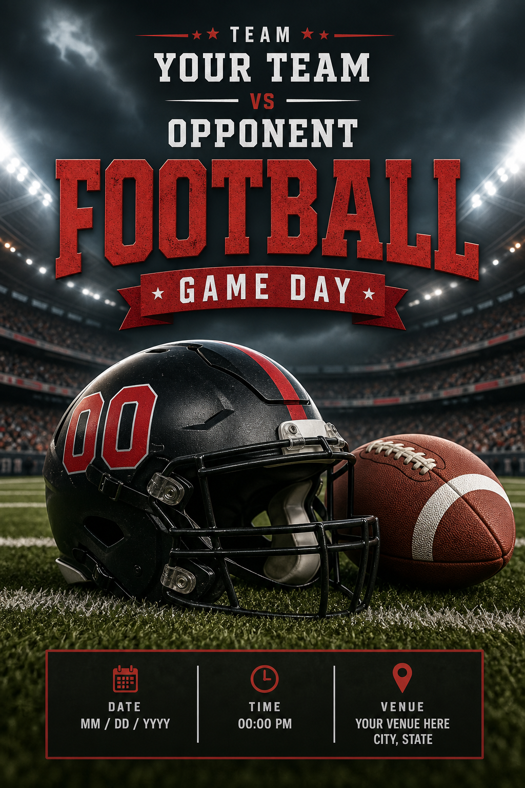 Football Poster — photo-realistic style invitation card, featuring football, helmet, stadium, green field, team colors