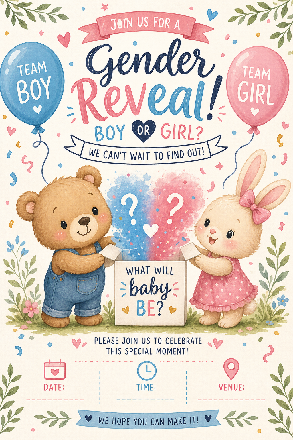 Gender Reveal Invitation — illustration style invitation card