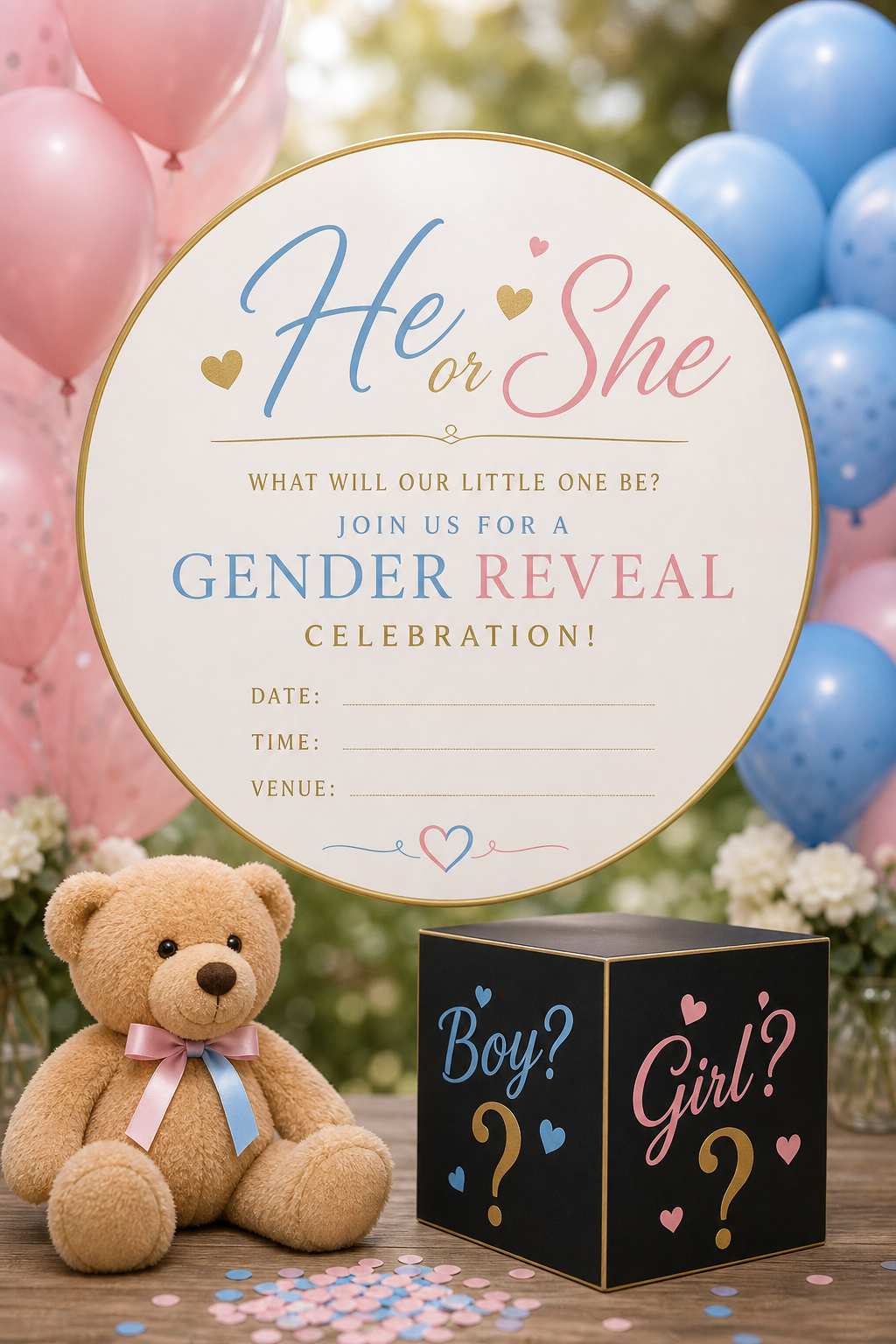 Gender Reveal Invitation — photo-realistic style invitation card