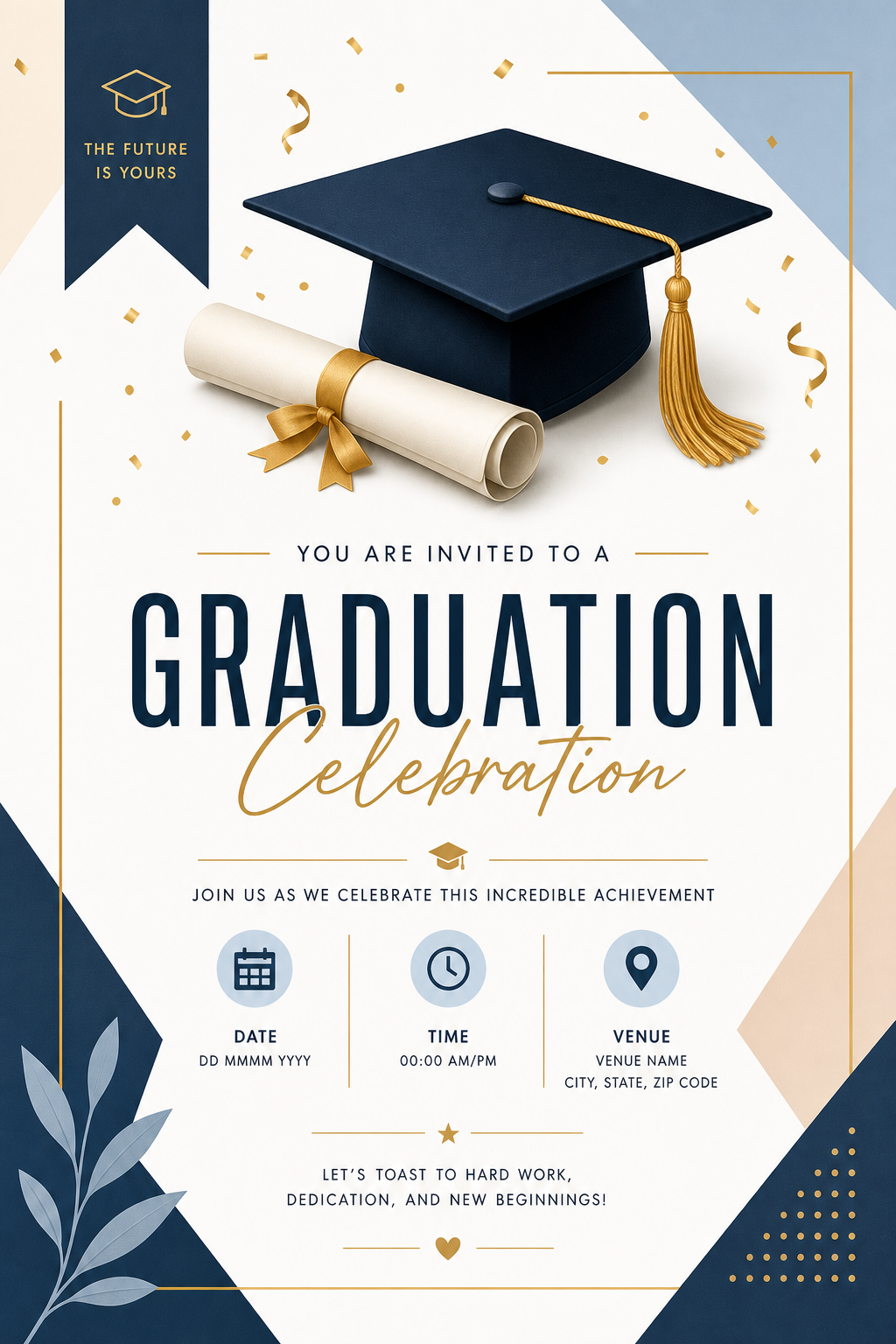 Graduation Invitation — modern style invitation card, featuring graduation cap, diploma scroll, gold tassel, academic regalia, celebratory confetti