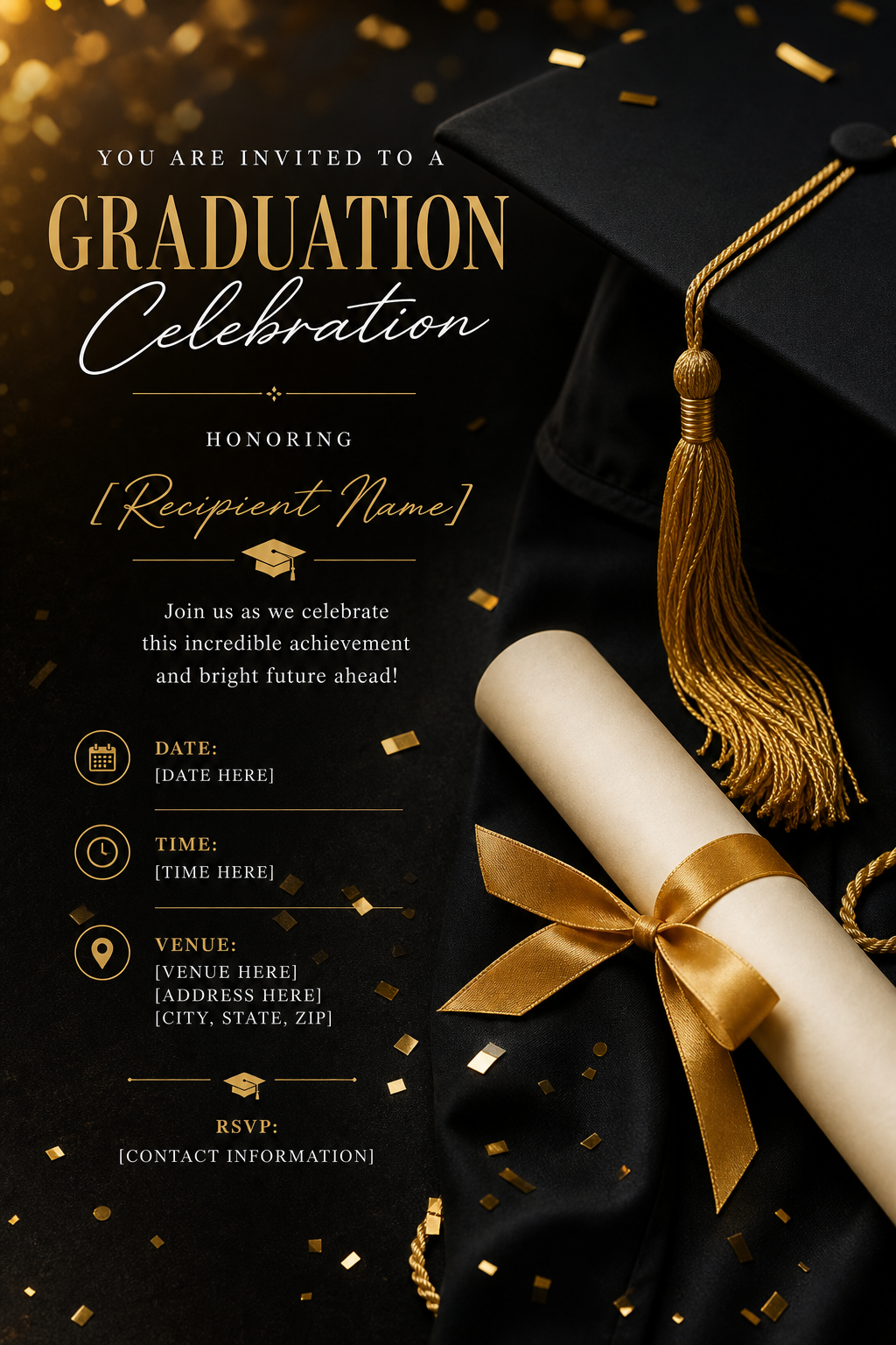 Graduation Invitation — photo-realistic style invitation card, featuring graduation cap, diploma scroll, gold tassel, academic regalia, celebratory confetti