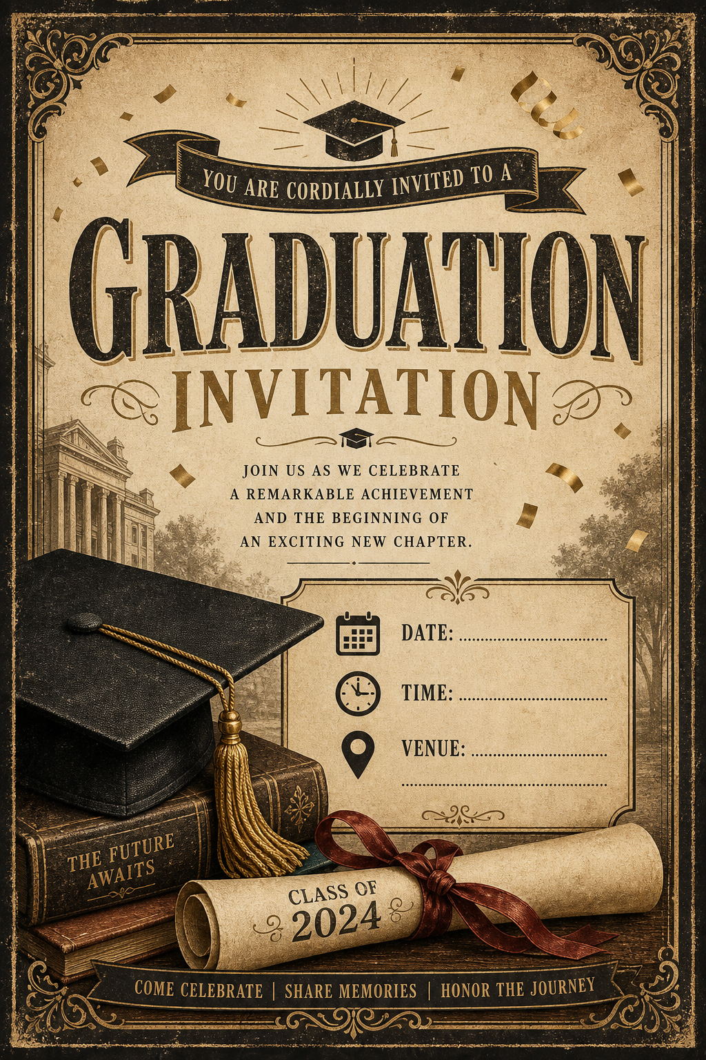 Graduation Invitation — vintage style invitation card, featuring graduation cap, diploma scroll, gold tassel, academic regalia, celebratory confetti