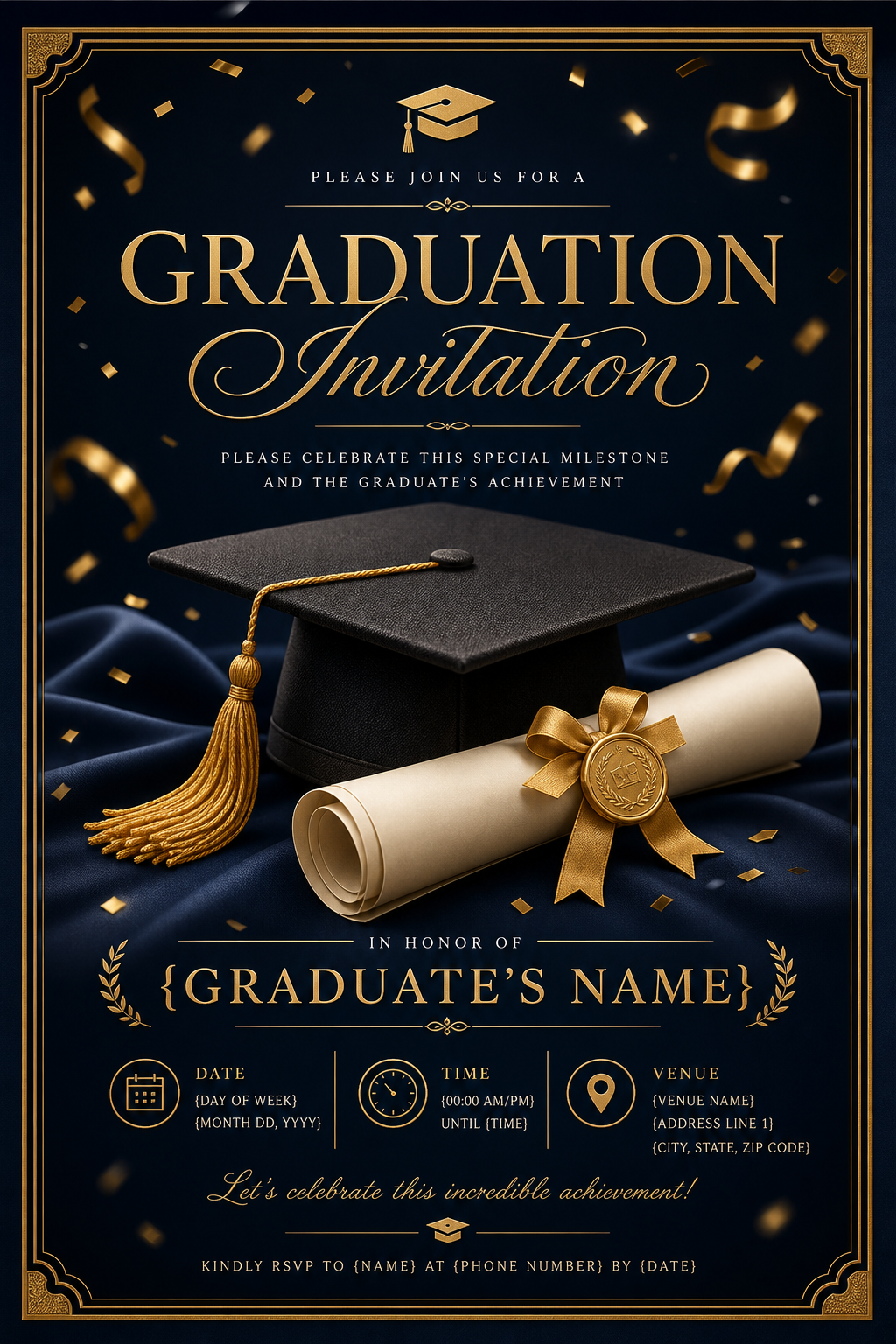 Graduation Invitation — elegant style invitation card, featuring graduation cap, diploma scroll, gold tassel, academic regalia, celebratory confetti