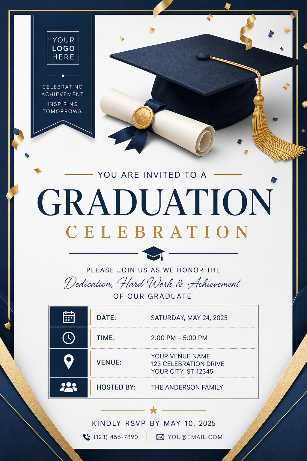 Graduation Invitation — corporate style invitation card, featuring graduation cap, diploma scroll, gold tassel, academic regalia, celebratory confetti