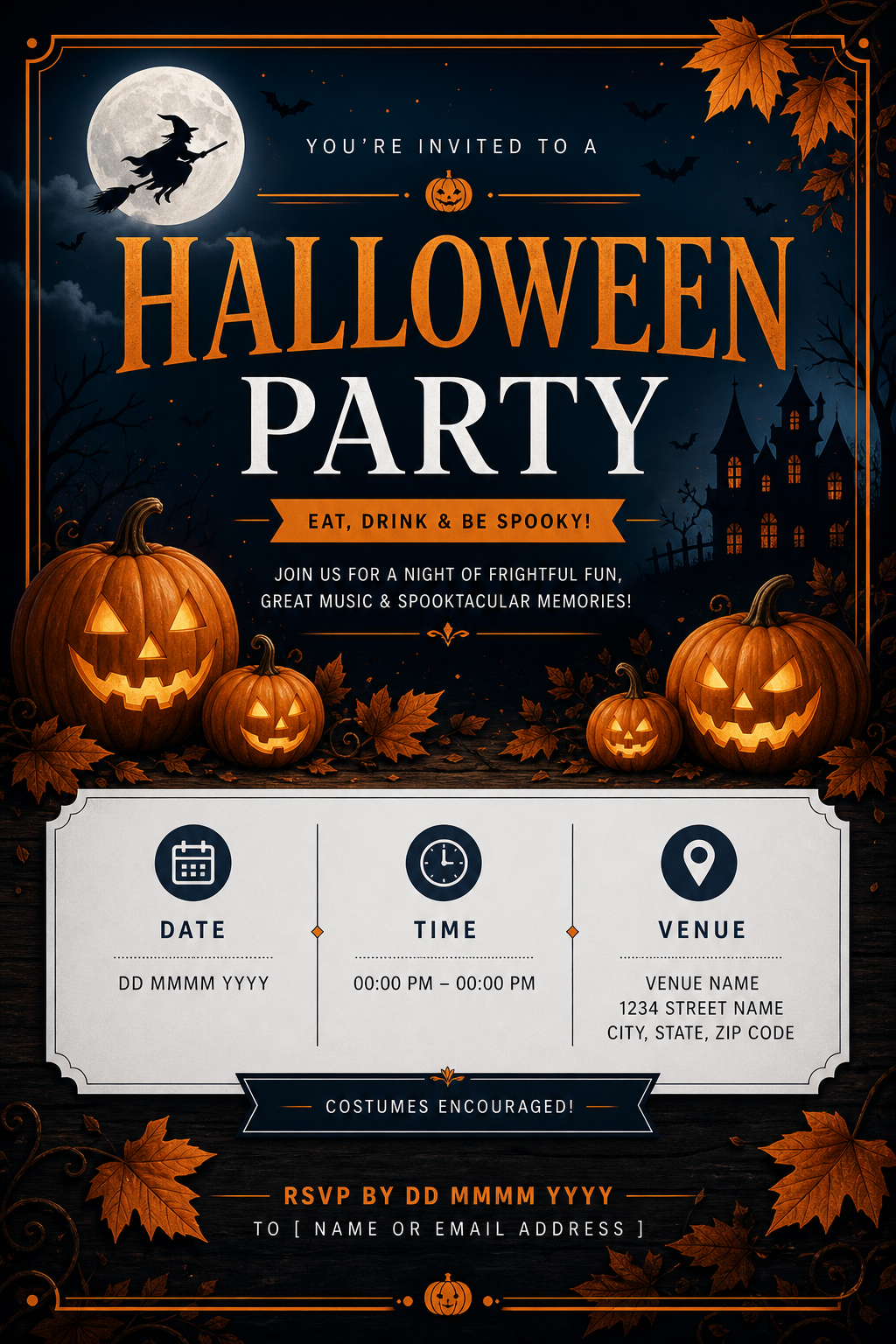 Halloween Party Invitation — corporate style invitation card, featuring pumpkins, autumn leaves, orange and black palette, spooky silhouettes