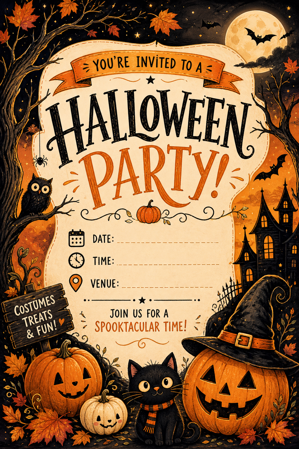 Halloween Party Invitation — illustration style invitation card, featuring pumpkins, autumn leaves, orange and black palette, spooky silhouettes