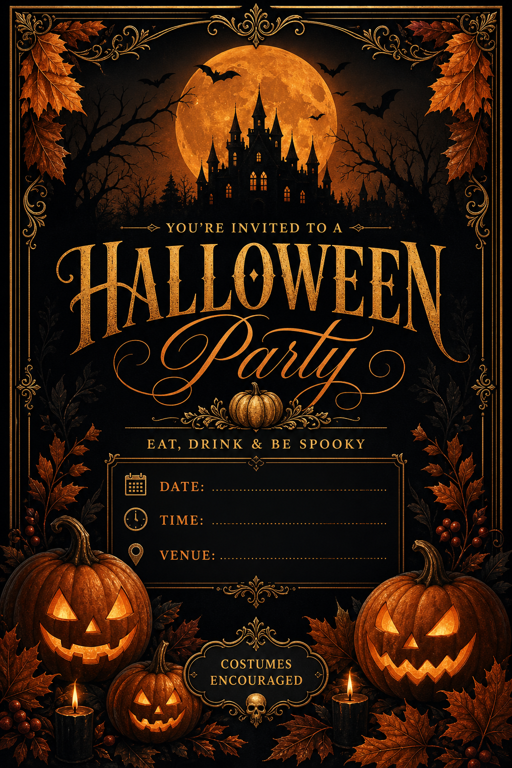 Halloween Party Invitation — elegant style invitation card, featuring pumpkins, autumn leaves, orange and black palette, spooky silhouettes