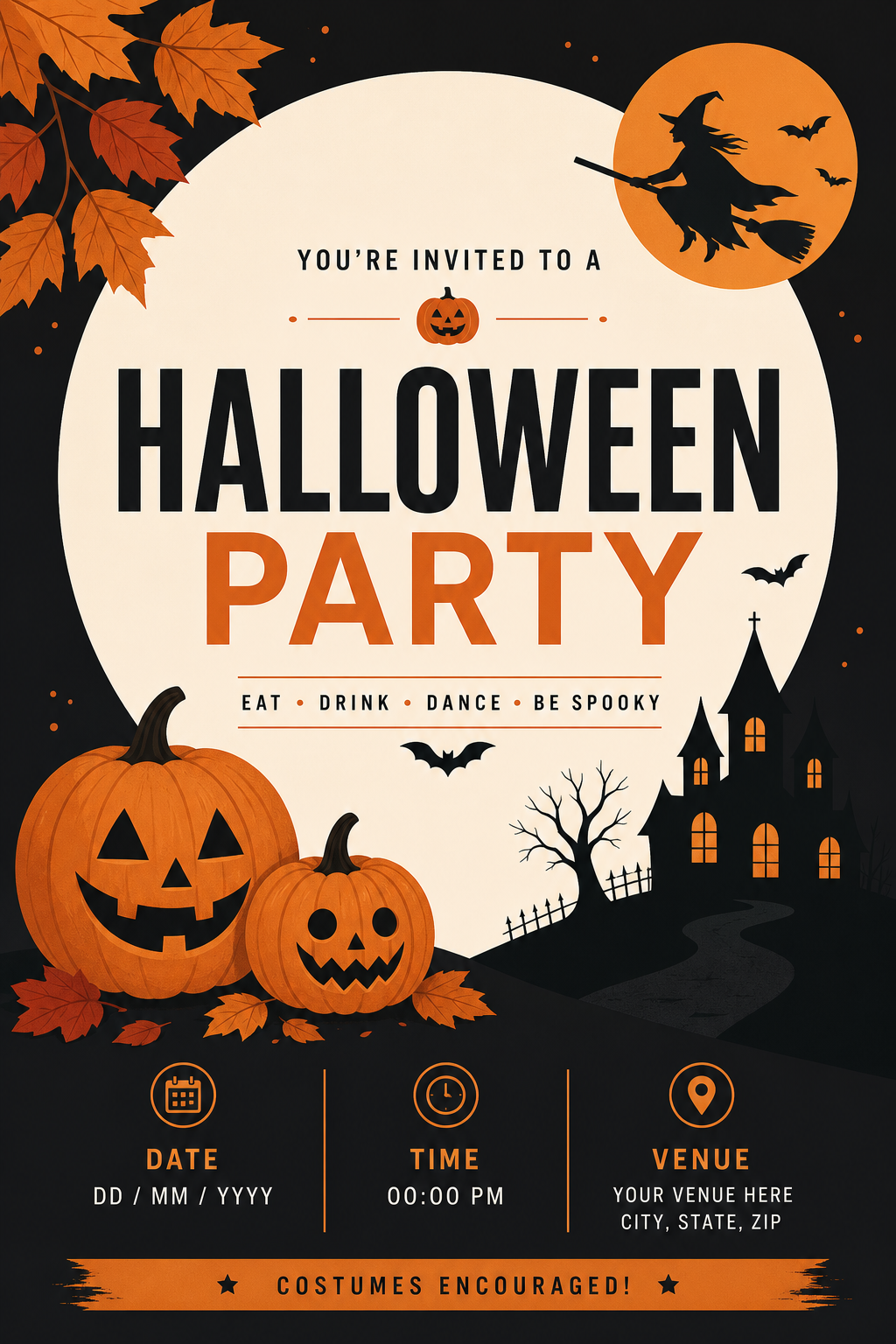 Halloween Party Invitation — modern style invitation card, featuring pumpkins, autumn leaves, orange and black palette, spooky silhouettes