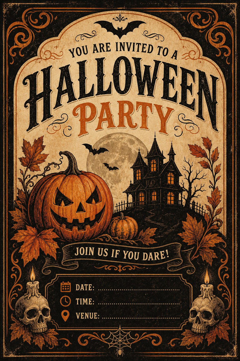 Halloween Party Invitation — vintage style invitation card, featuring pumpkins, autumn leaves, orange and black palette, spooky silhouettes