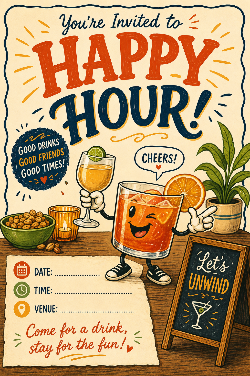 Happy Hour Invitation — illustration style invitation card