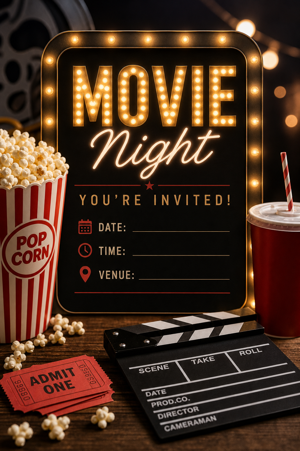Movie Night Invitation — photo-realistic style invitation card