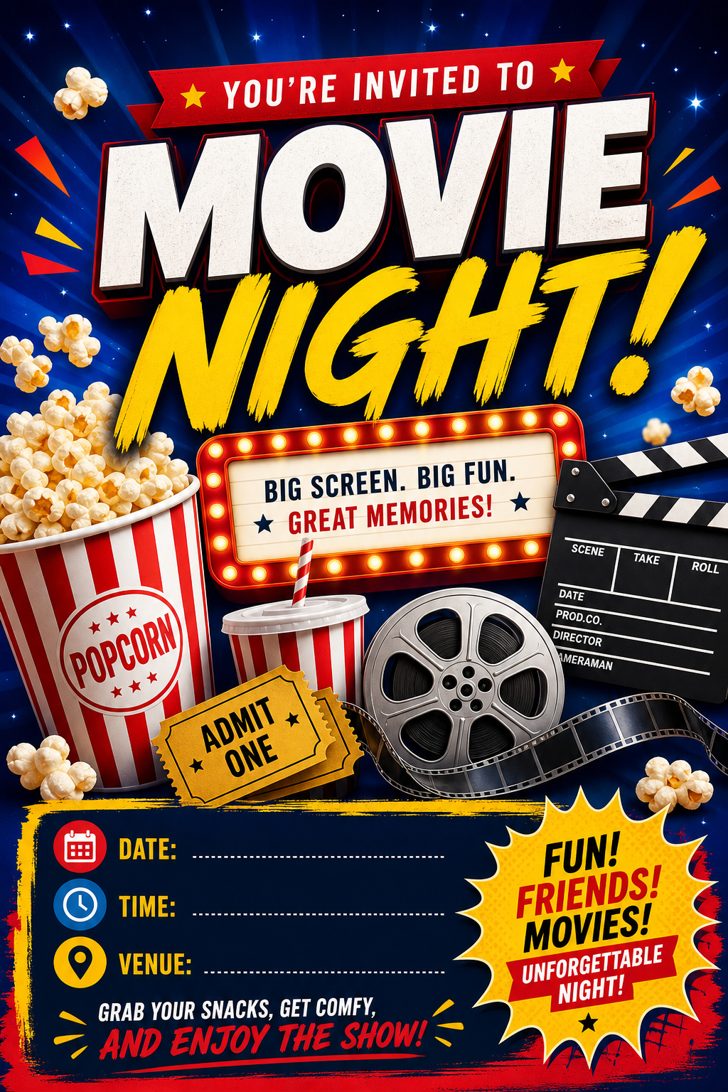 Movie Night Invitation — vibrant style invitation card