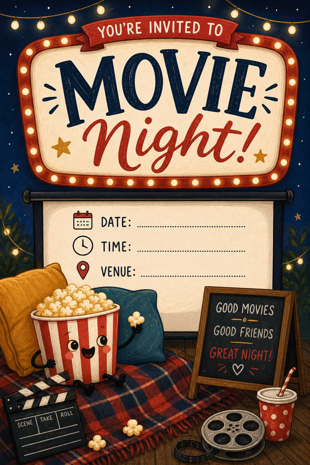 Movie Night Invitation — illustration style invitation card