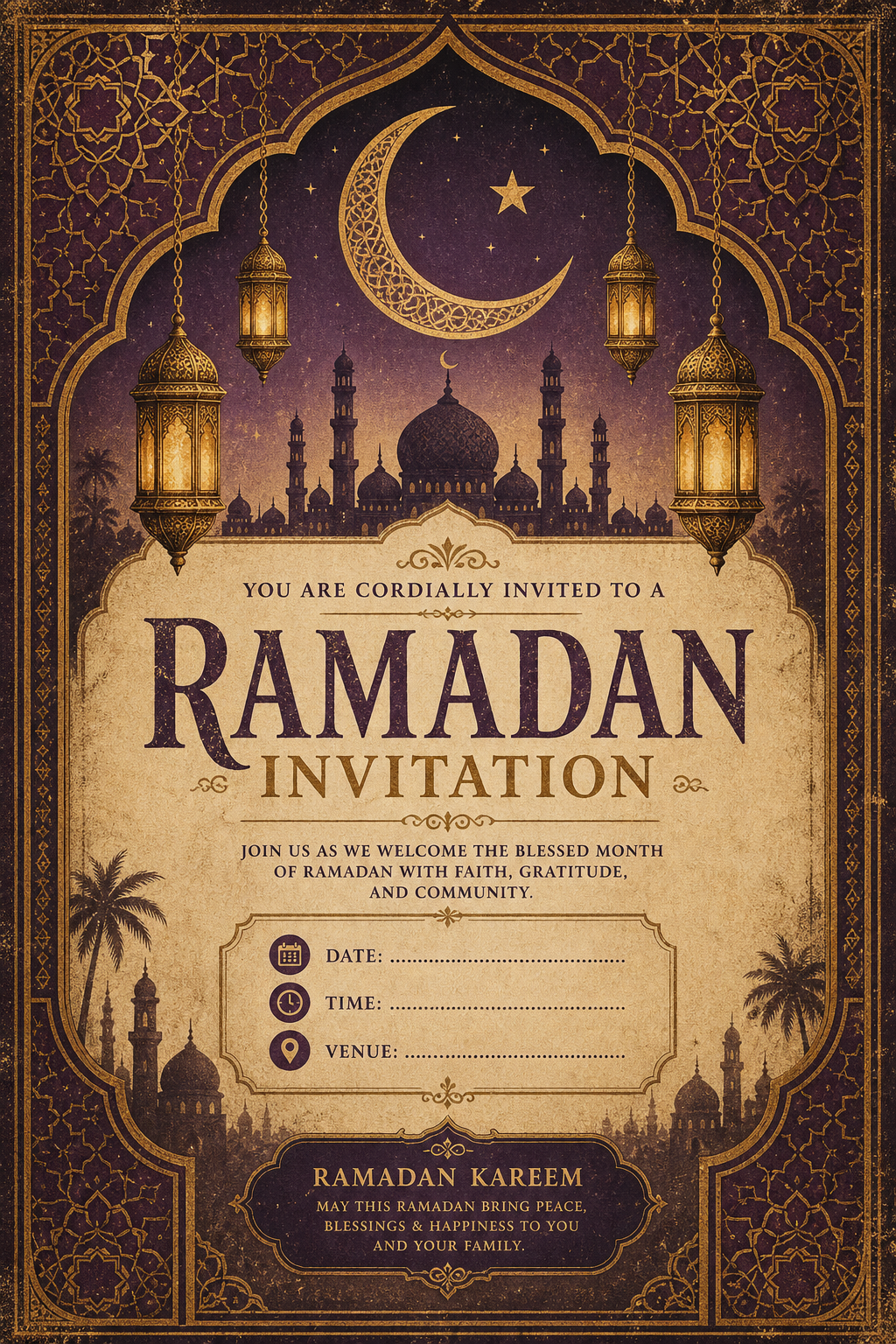 Ramadan Invitation — vintage style invitation card, featuring crescent moon, lanterns, mosque silhouettes, gold and purple palette, Islamic geometric patterns