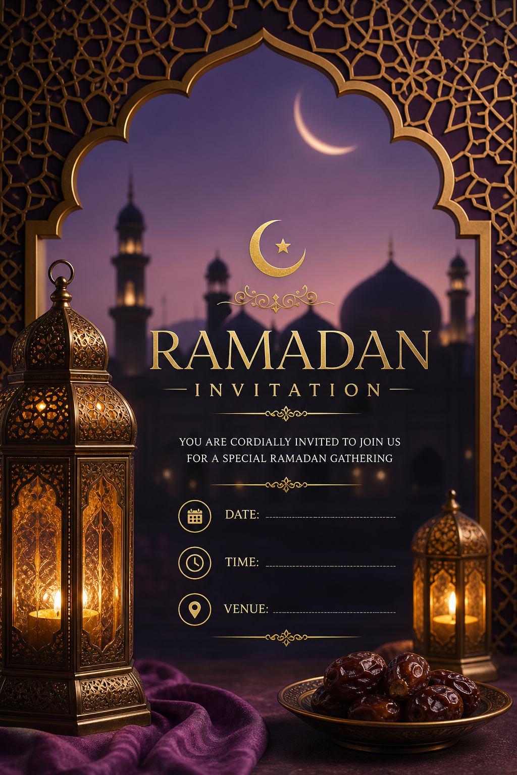 Ramadan Invitation — photo-realistic style invitation card, featuring crescent moon, lanterns, mosque silhouettes, gold and purple palette, Islamic geometric patterns