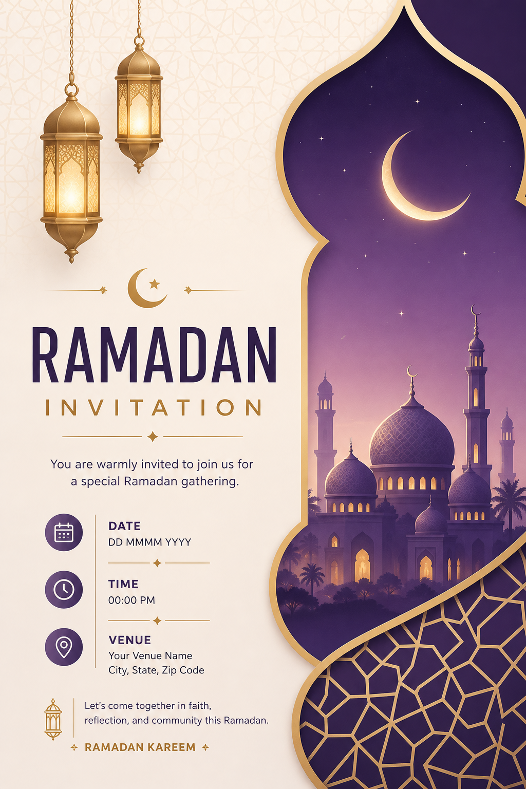 Ramadan Invitation — modern style invitation card, featuring crescent moon, lanterns, mosque silhouettes, gold and purple palette, Islamic geometric patterns