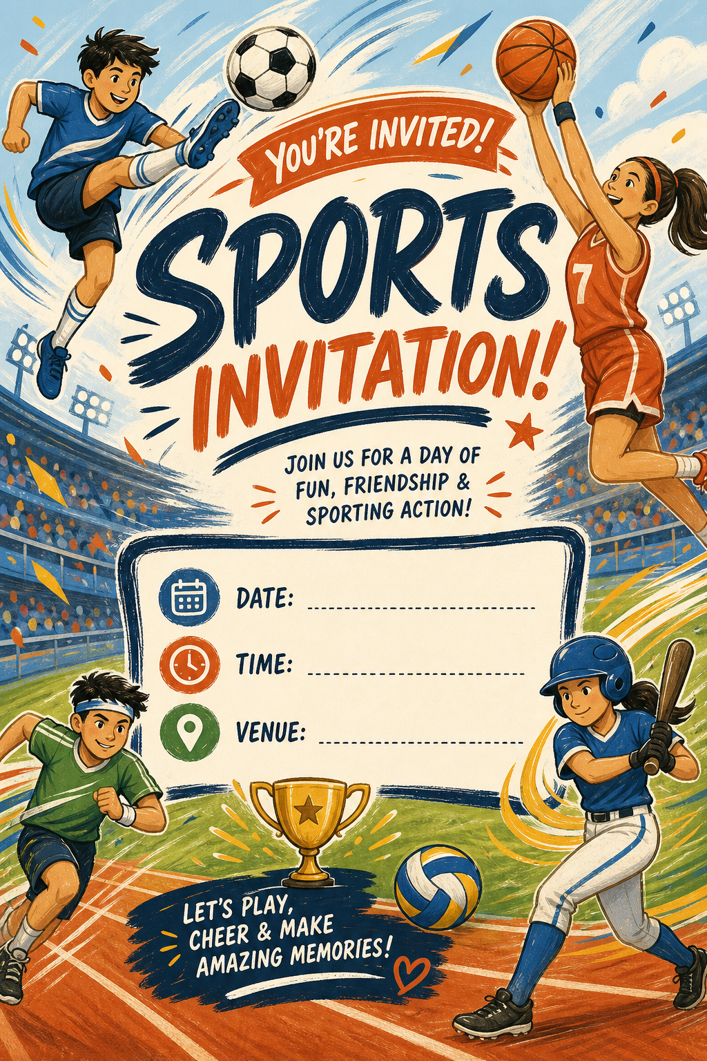 Sports Invitation — illustration style invitation card, featuring athletic action poses, stadium imagery, dynamic motion lines