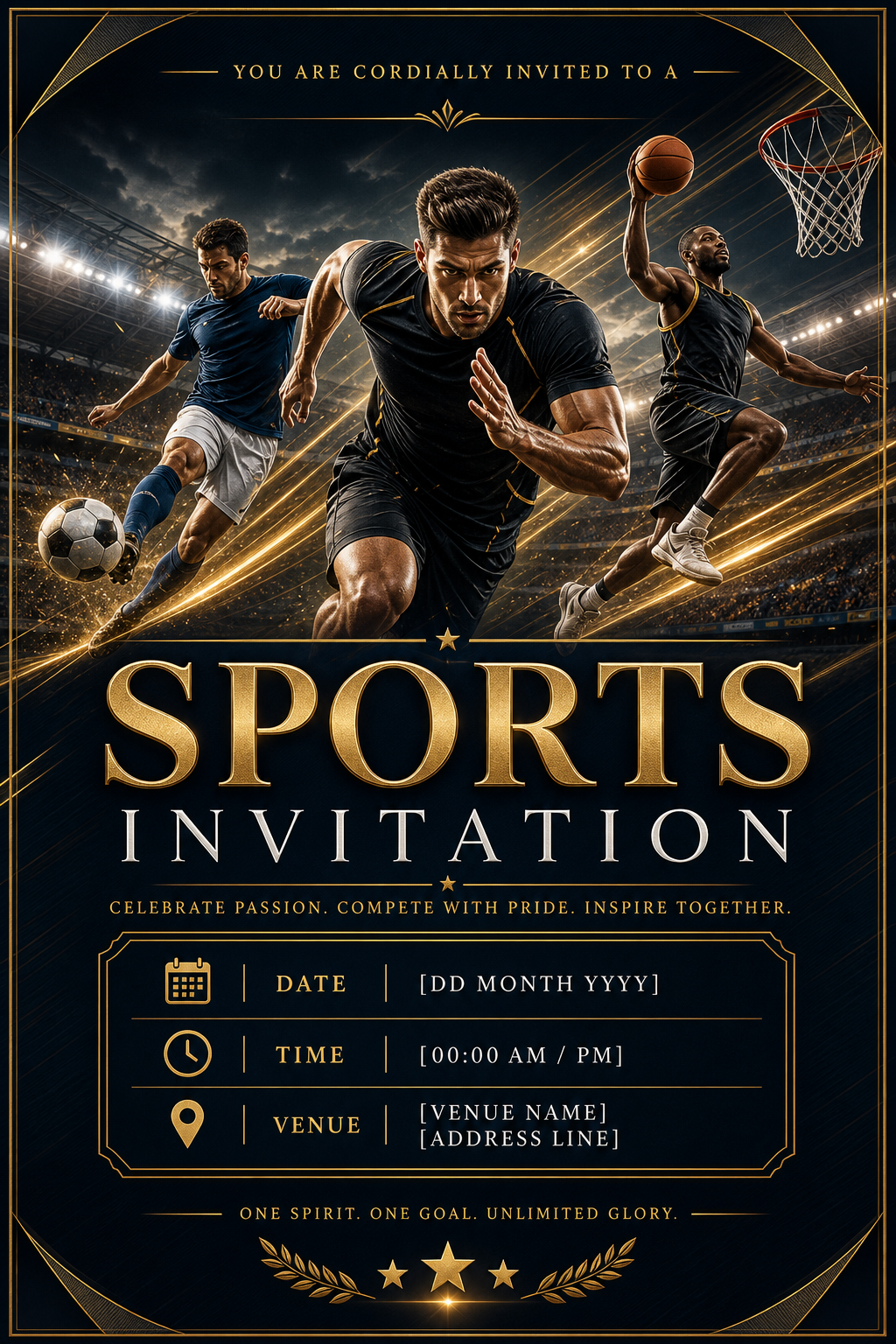 Sports Invitation — elegant style invitation card, featuring athletic action poses, stadium imagery, dynamic motion lines