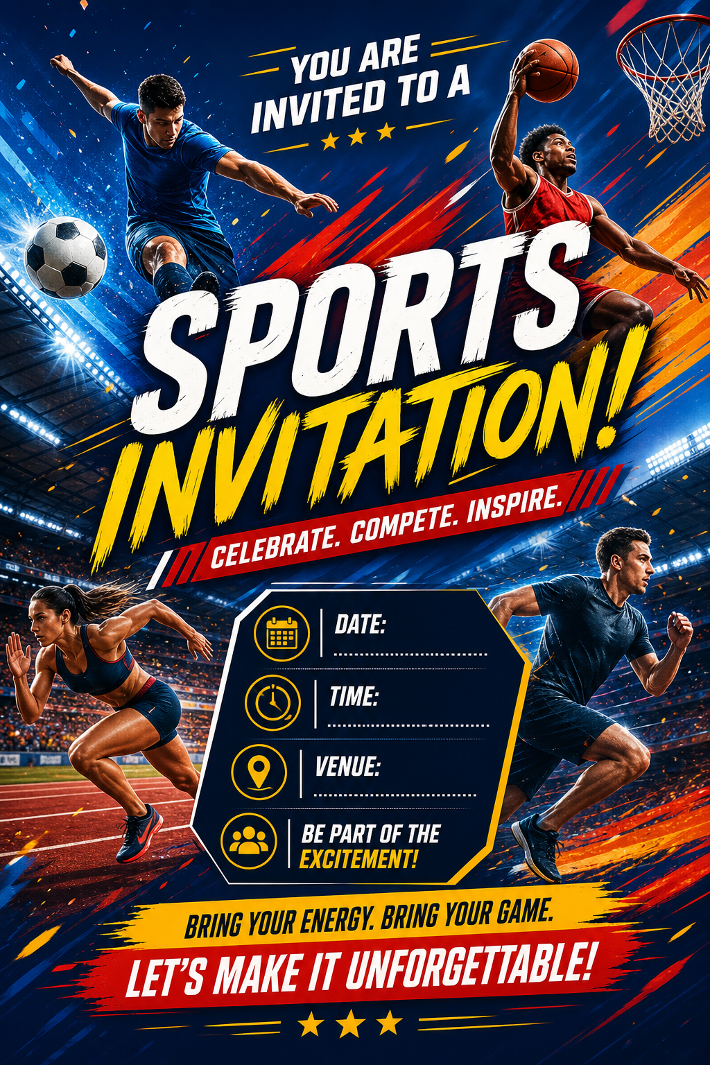 Sports Invitation — vibrant style invitation card, featuring athletic action poses, stadium imagery, dynamic motion lines
