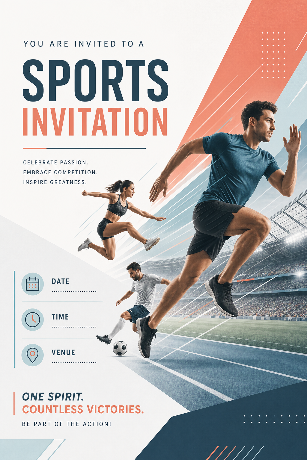 Sports Invitation — modern style invitation card, featuring athletic action poses, stadium imagery, dynamic motion lines