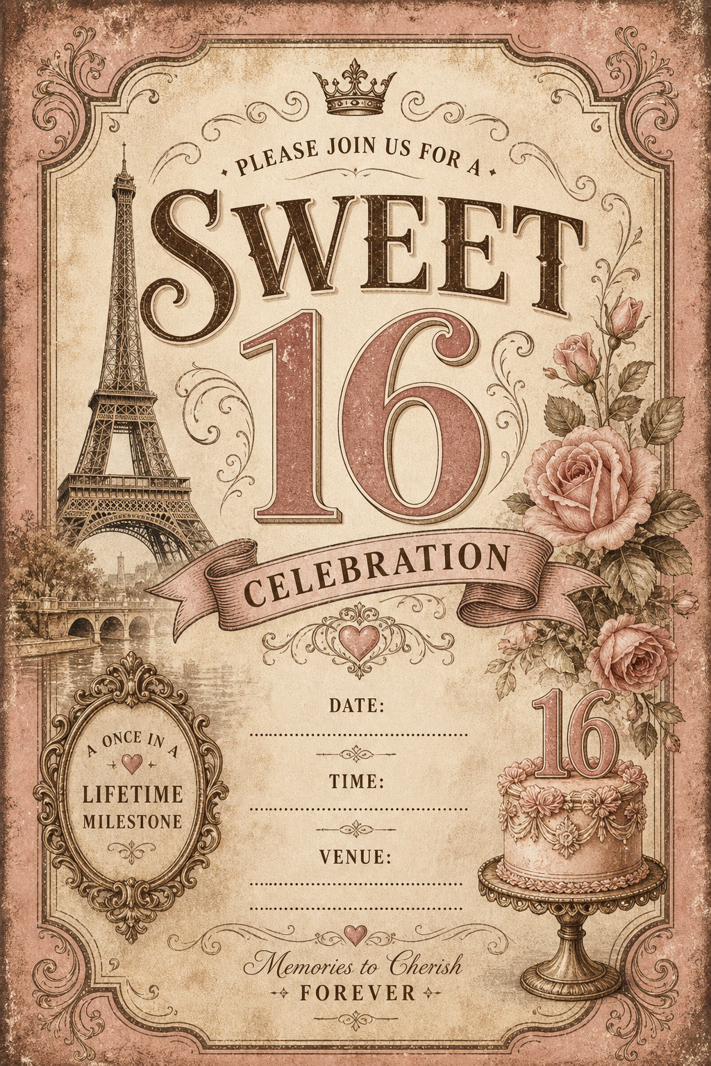 Sweet 16 Invitation — vintage style invitation card
