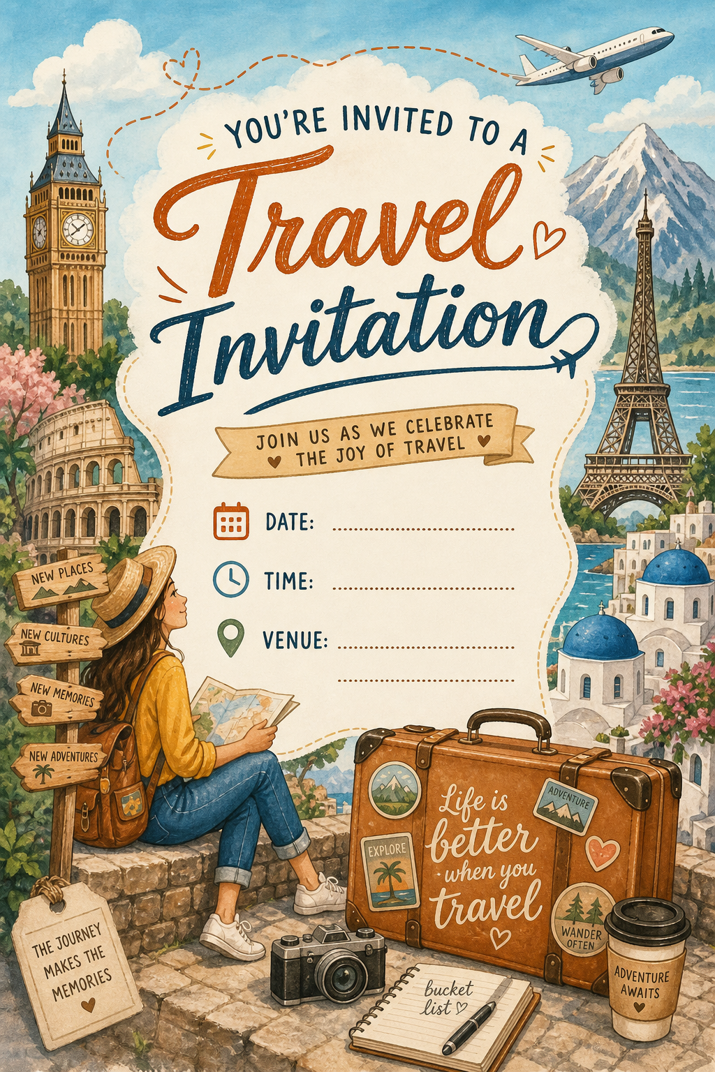 Travel Invitation — illustration style invitation card, featuring landmarks, suitcase, plane, scenic vistas
