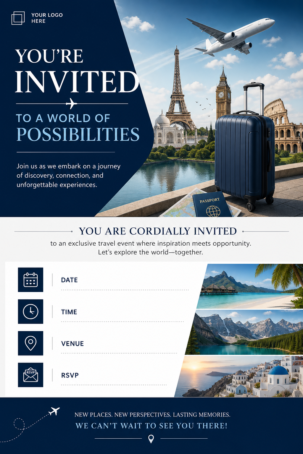 Travel Invitation — corporate style invitation card, featuring landmarks, suitcase, plane, scenic vistas