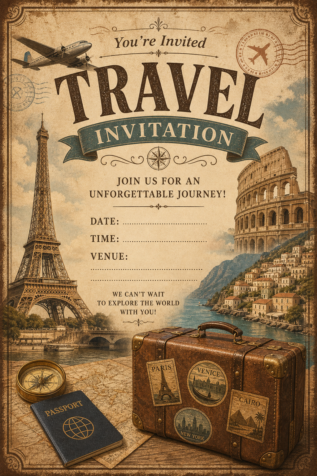 Travel Invitation — vintage style invitation card, featuring landmarks, suitcase, plane, scenic vistas