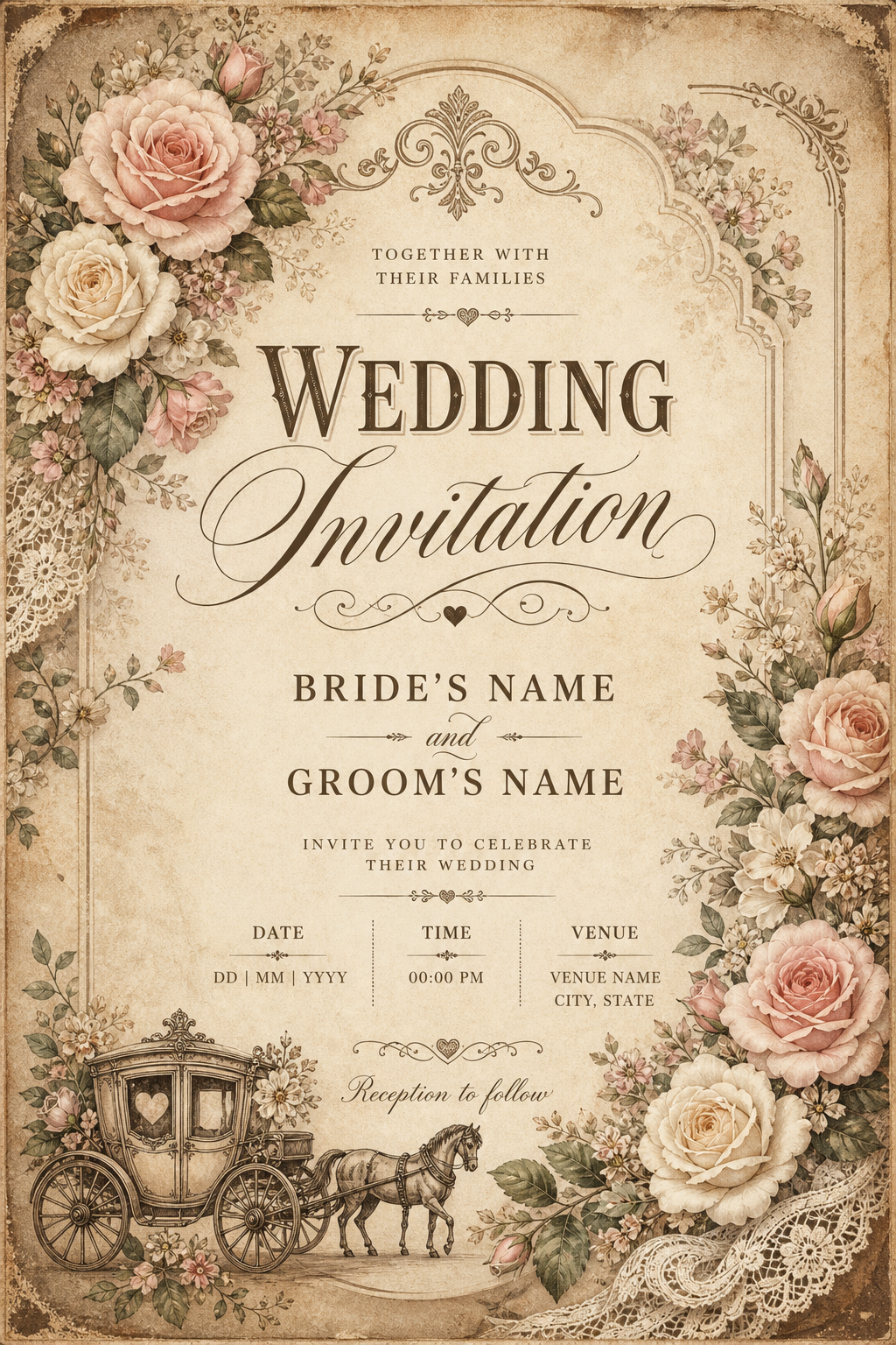 Wedding Invitation — vintage style invitation card, featuring romantic floral arrangements, soft pastels (blush, ivory, sage), elegant calligraphy