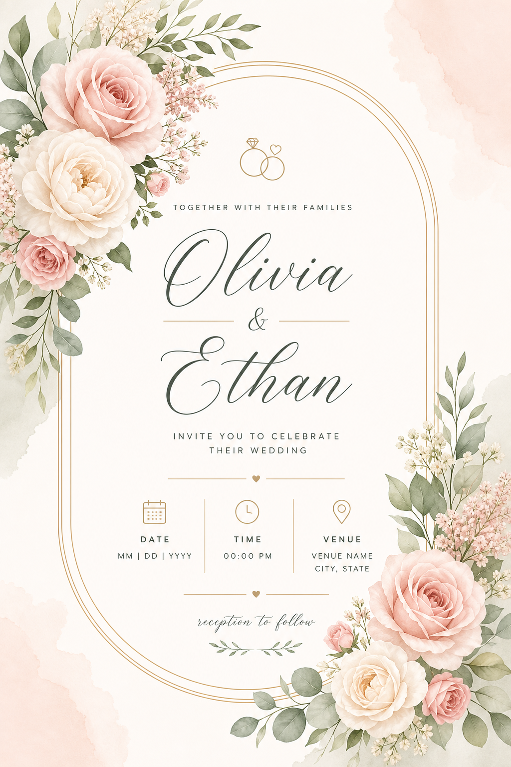 Wedding Invitation — modern style invitation card, featuring romantic floral arrangements, soft pastels (blush, ivory, sage), elegant calligraphy