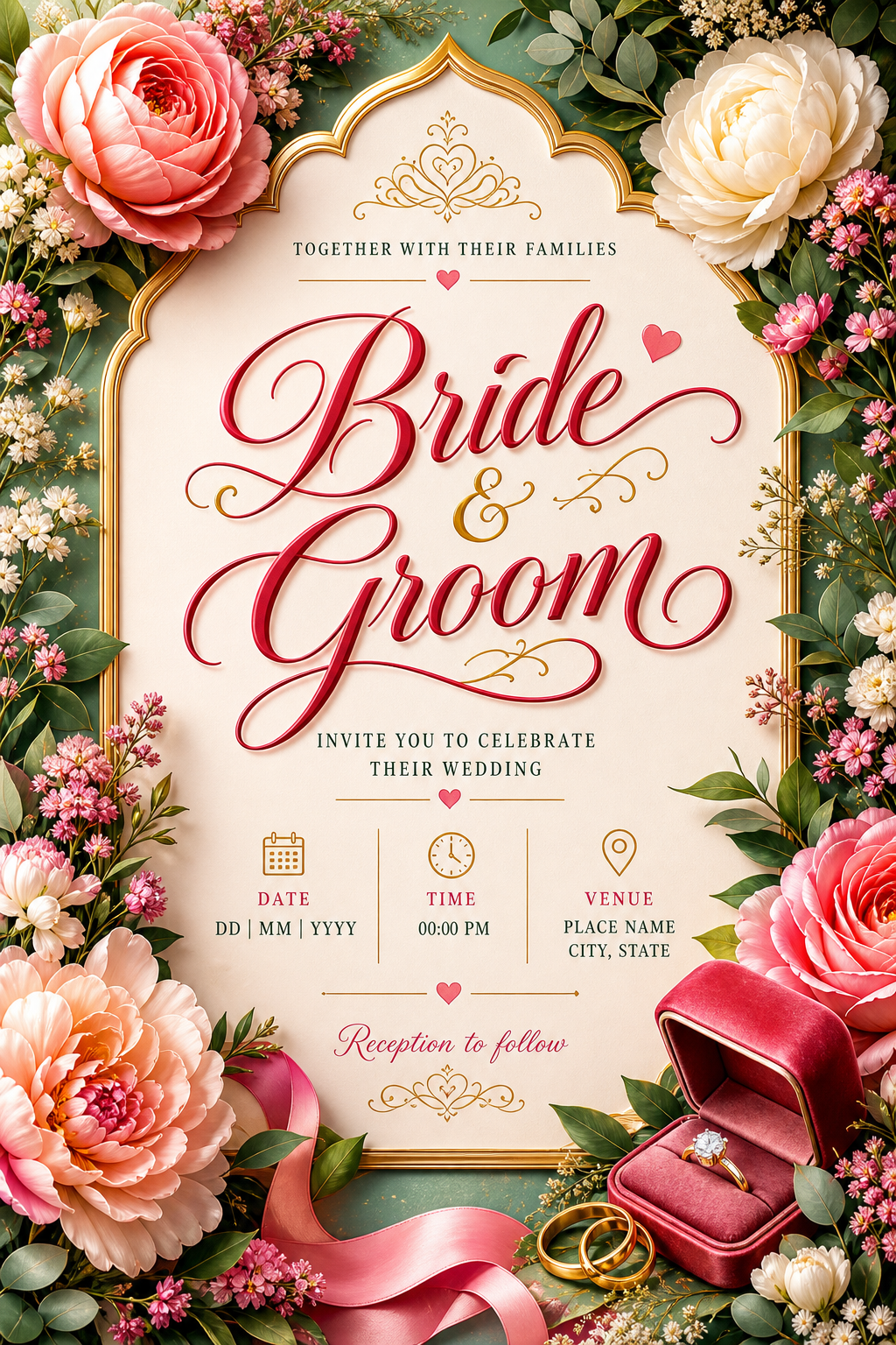 Wedding Invitation — vibrant style invitation card, featuring romantic floral arrangements, soft pastels (blush, ivory, sage), elegant calligraphy