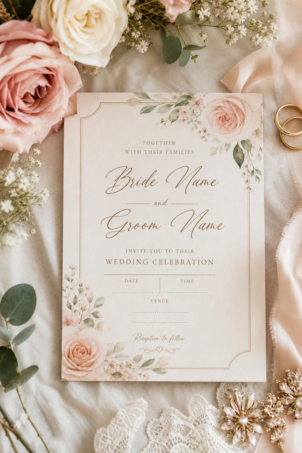 Wedding Invitation — photo-realistic style invitation card, featuring romantic floral arrangements, soft pastels (blush, ivory, sage), elegant calligraphy