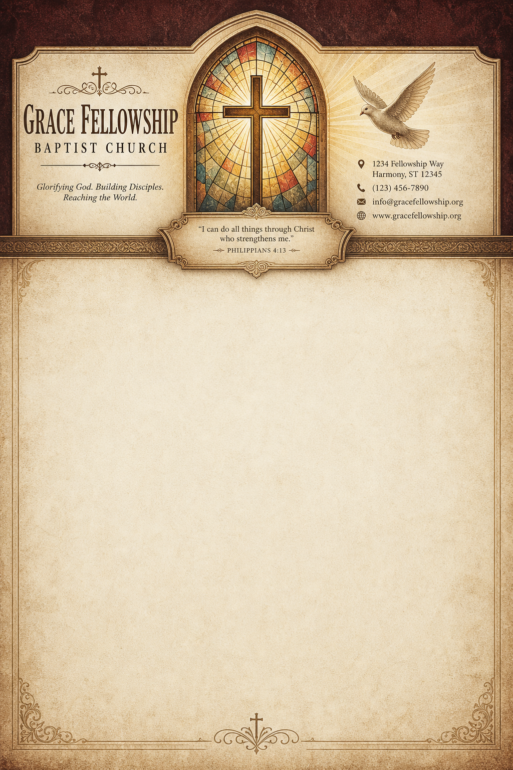 Church Letterhead — vintage style letterhead, featuring cross, stained glass, dove, warm divine palette