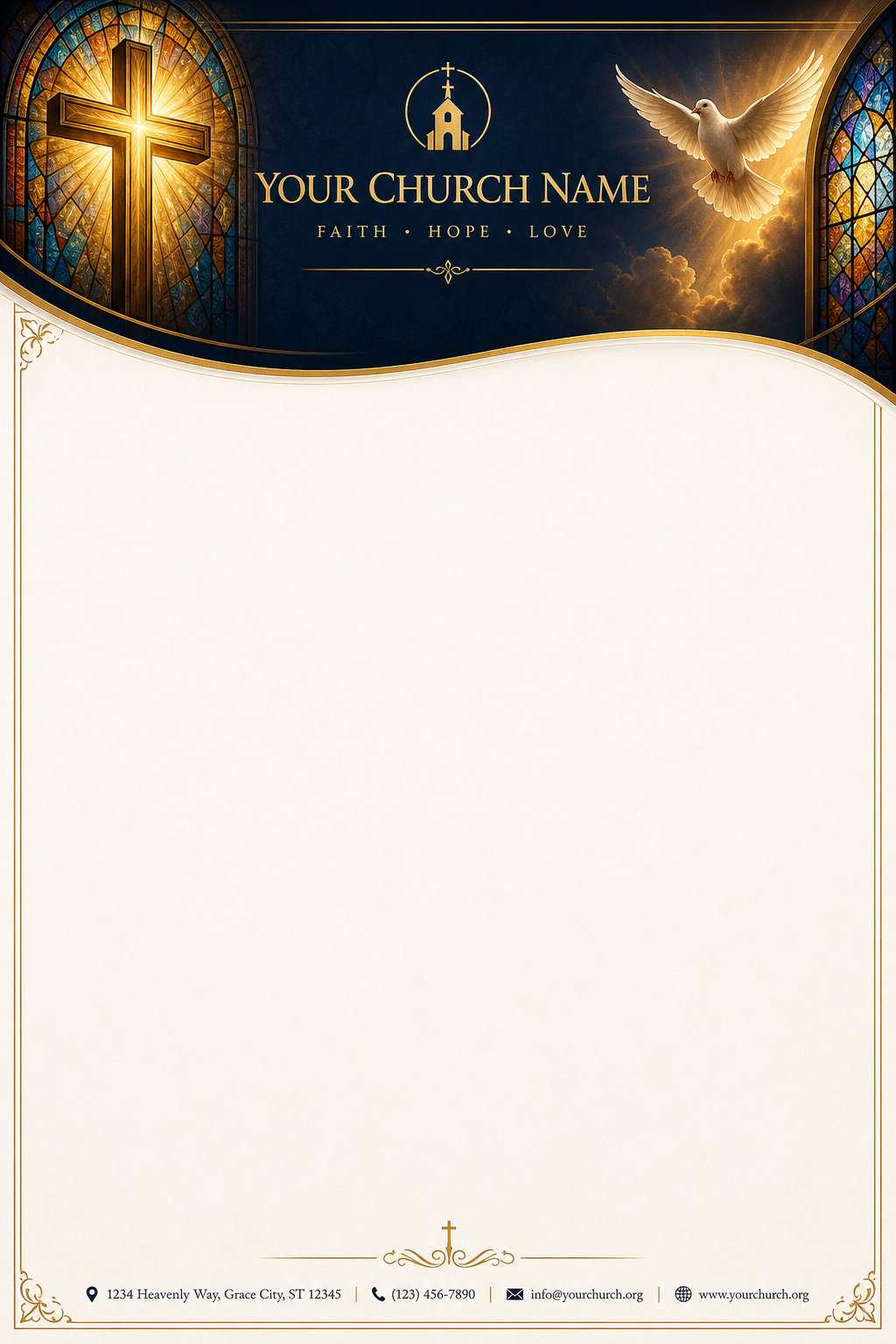 Church Letterhead — elegant style letterhead, featuring cross, stained glass, dove, warm divine palette