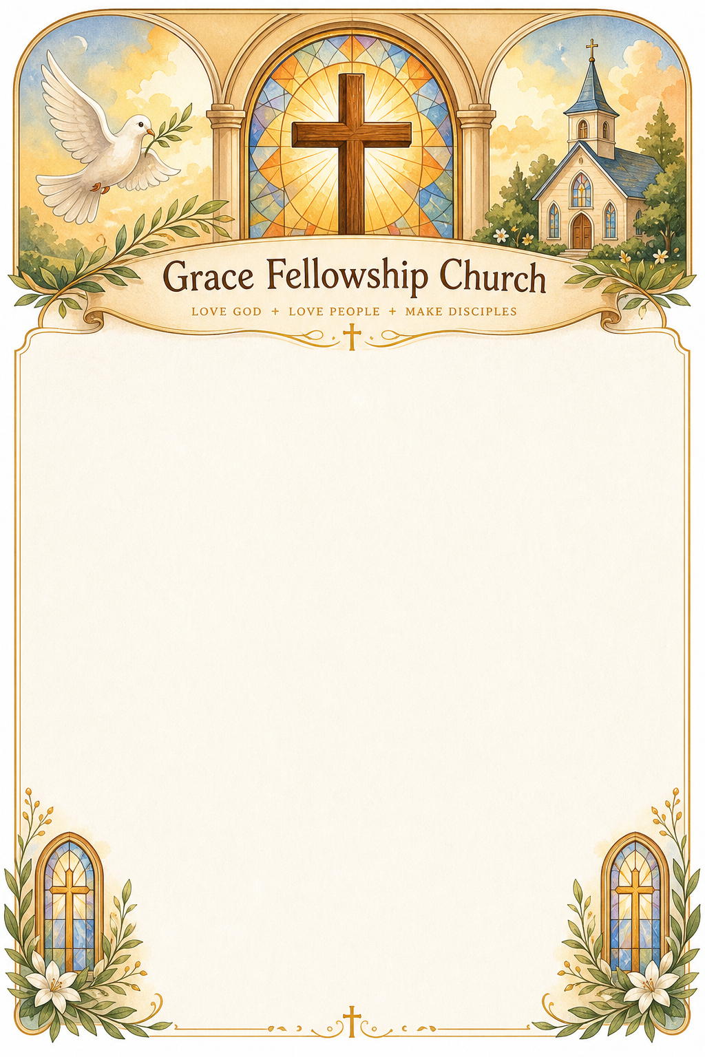 Church Letterhead — illustration style letterhead, featuring cross, stained glass, dove, warm divine palette