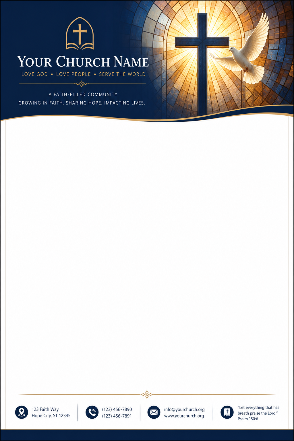 Church Letterhead — corporate style letterhead, featuring cross, stained glass, dove, warm divine palette