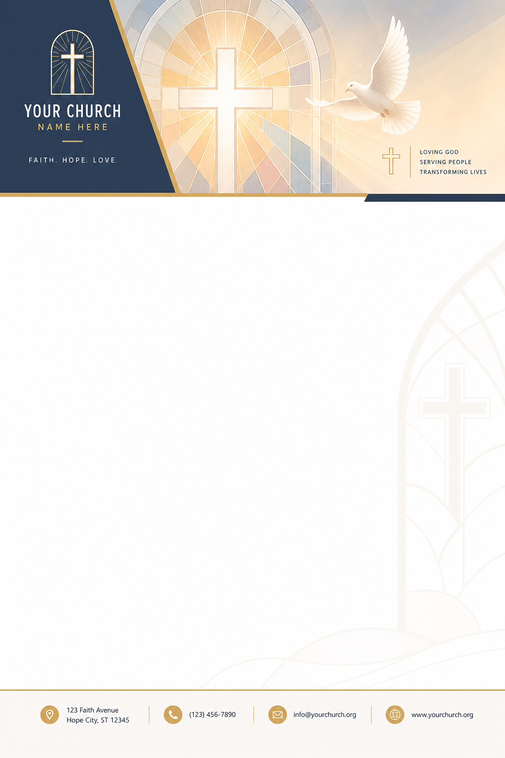 Church Letterhead — modern style letterhead, featuring cross, stained glass, dove, warm divine palette