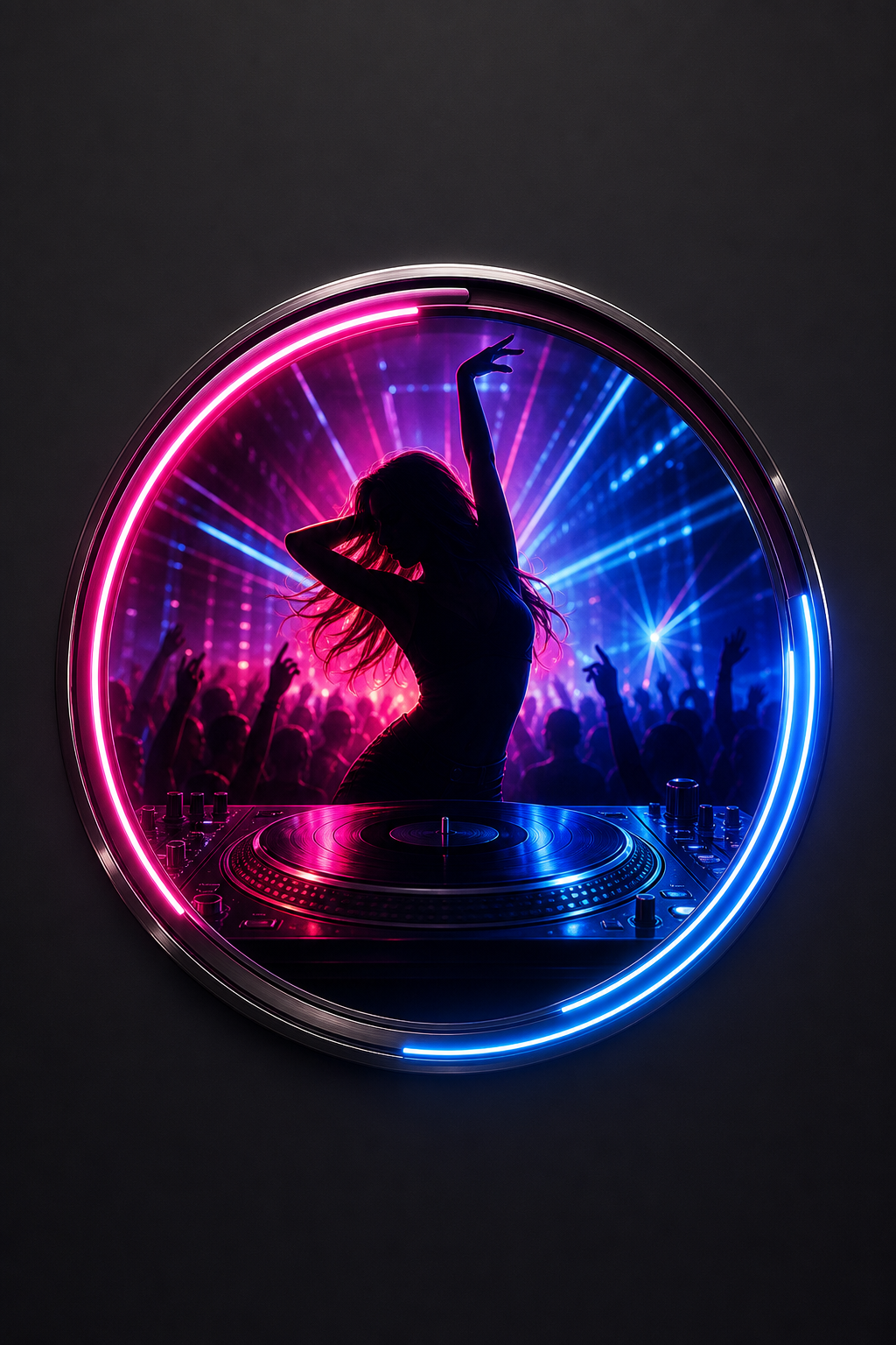 Club Logo — photo-realistic style logo concept, featuring neon lights, dance imagery, dark background with bright accents